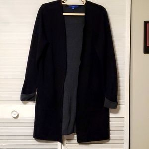 Apt 9 Open Front Long Black Pocketed  Cardigan with Grey Interior and Cuffs, L